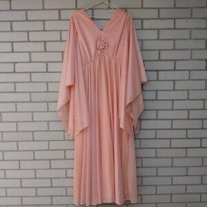 Vintage 70s Peach Chiffon Formal Dress Handkerchief Angel Sleeves 37"B 30"W